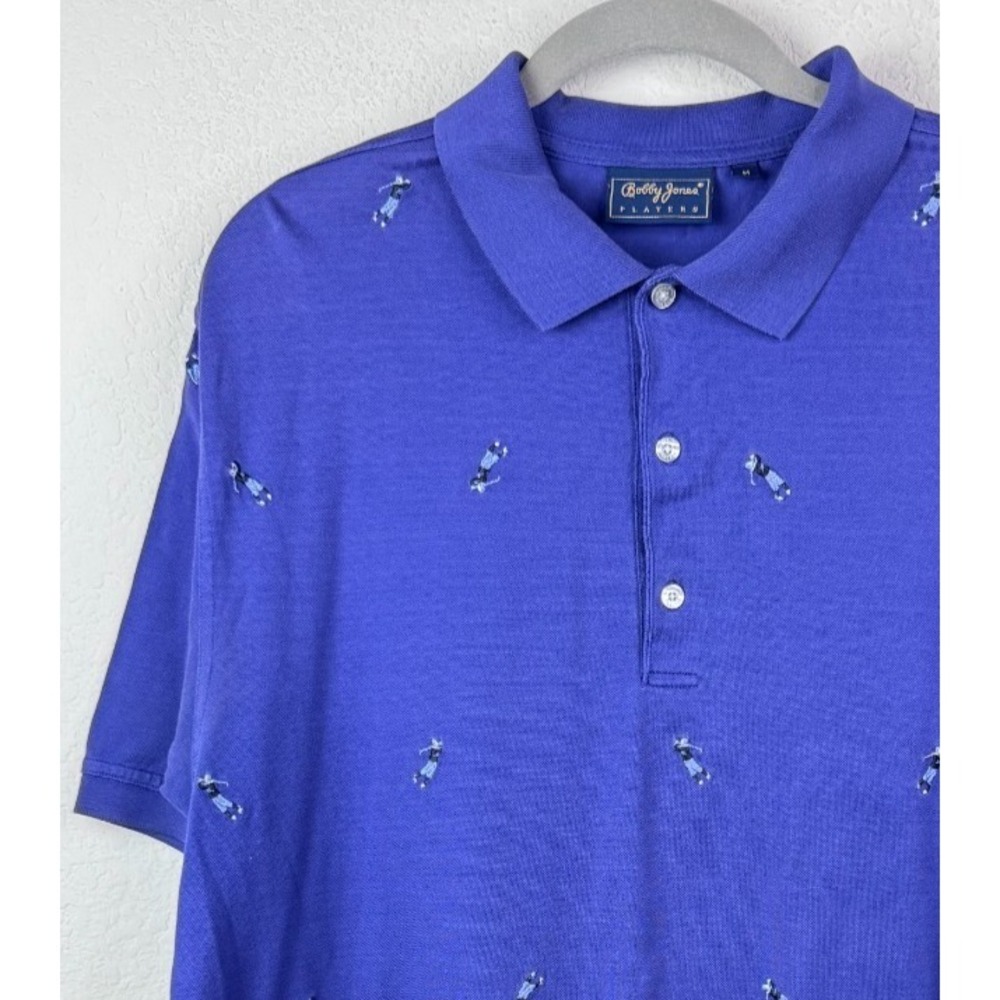 Bobby Jones Players‎ Golf Polo Shirt Men's M Blue Embroidered Golfer Pattern Vtg - Picture 2 of 5